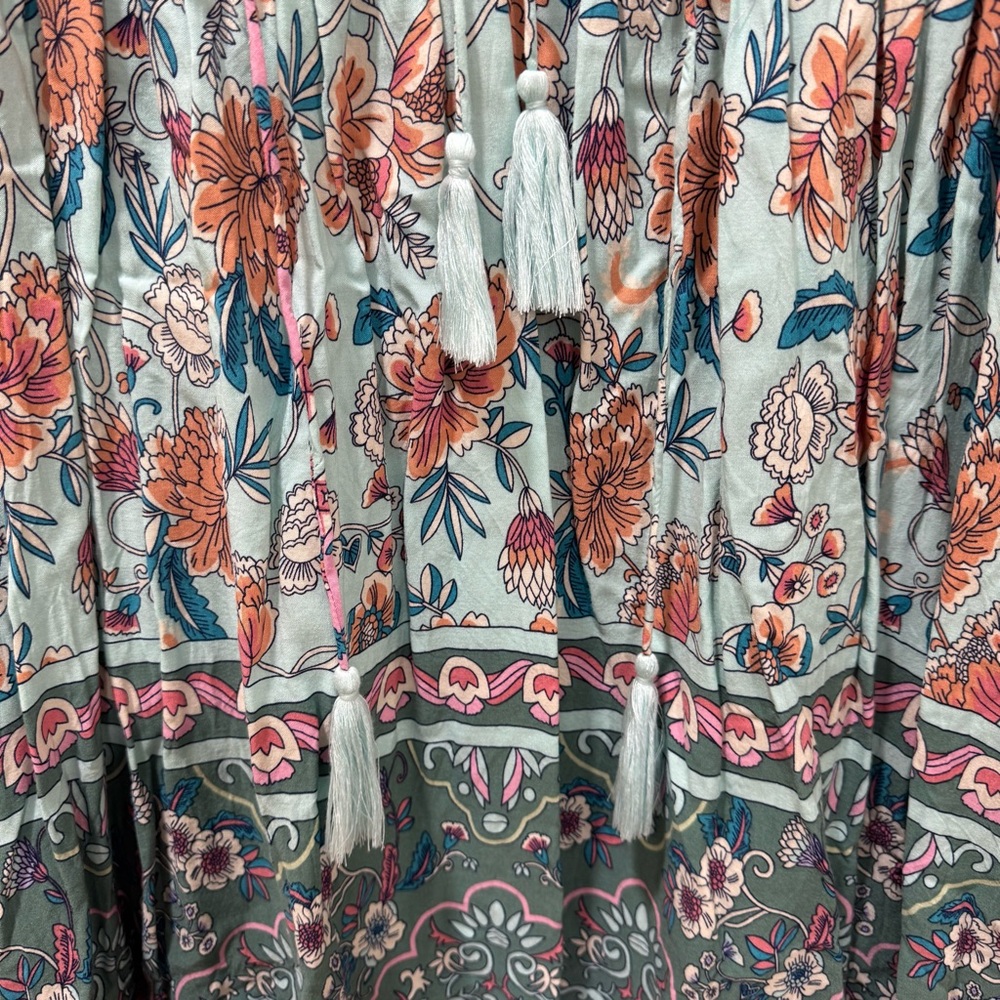 Floral Green & Pink Dress Boho Flowy Beach Tassel Lightweight Women's Small 4/6 - Picture 8 of 16